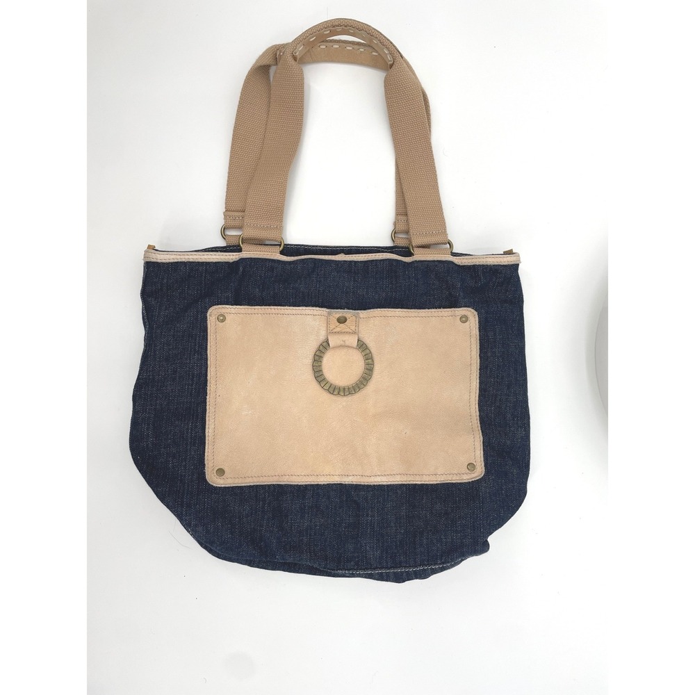 Y2K Nine West Tote Bag Womens Medium Blue Denim Leather Boho Western Vintage Y2K